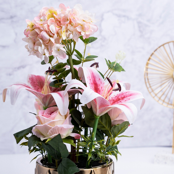 Elegant Faux Pink Lilies & Roses Bouquet In Golden Ceramic, Ideal For Desk & Shelf Decor by Accent Collection