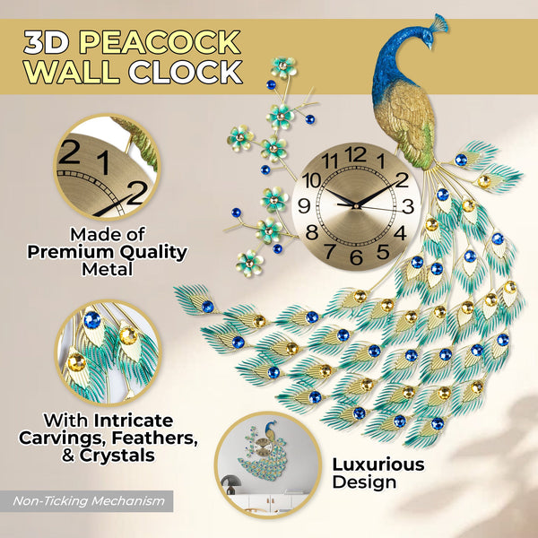 Large Peacock Wall Clock, Metal Peacock Clock, Boho Interior Decor, 3D Wall Decor with Crystals, 75 cm, Golden and Green Metal Wall Clock for Bohemian Chic Living Room or Bedroom, Modern Home or Office Decoration by Accent Collection