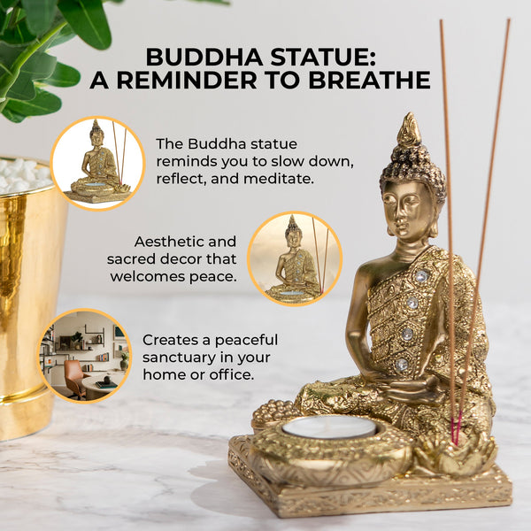 Golden Buddha Statue & Tealight Candle Holder - Zen Yoga Decor, Spiritual Meditation Gift, Large Incense Burner Kit With Stick Holder by Accent Collection