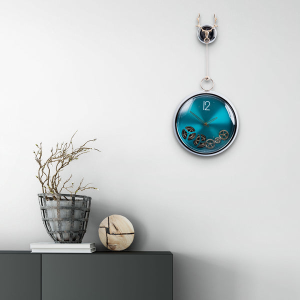 Elegant Teal Dial Silver Metal Pendulum Wall Clock - Vintage Luxury With Silent Gears by Accent Collection