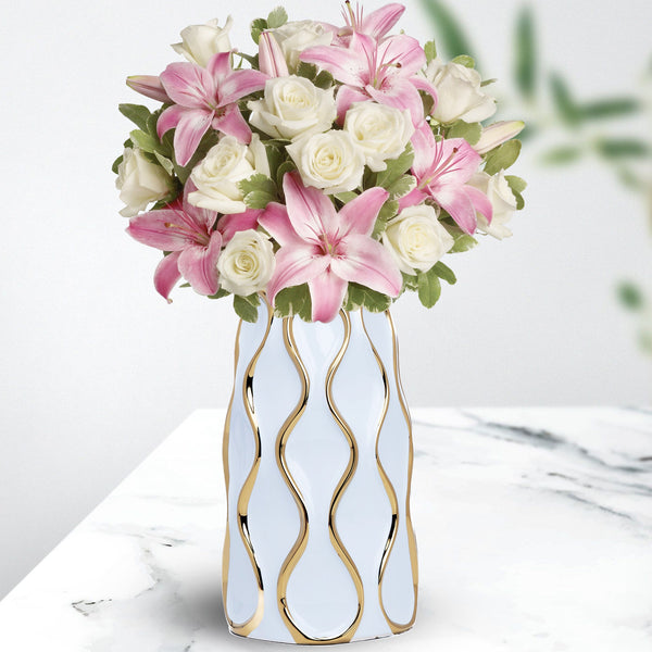 Elegant White Ceramic Flower Vase With Golden Trim - Perfect For Bouquets & Bohemian Decor, Ideal Centerpiece & Entryway Enhancer by Accent Collection