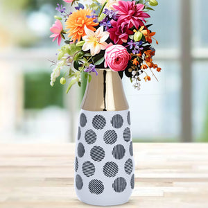 White Ceramic Bouquet Vase With Black Abstract Design And Golden Rim - Perfect For Fresh, Dry And Fake Flowers - Modern Centerpiece For Coffee Table, Mantel, And Entryway Decor by Accent Collection