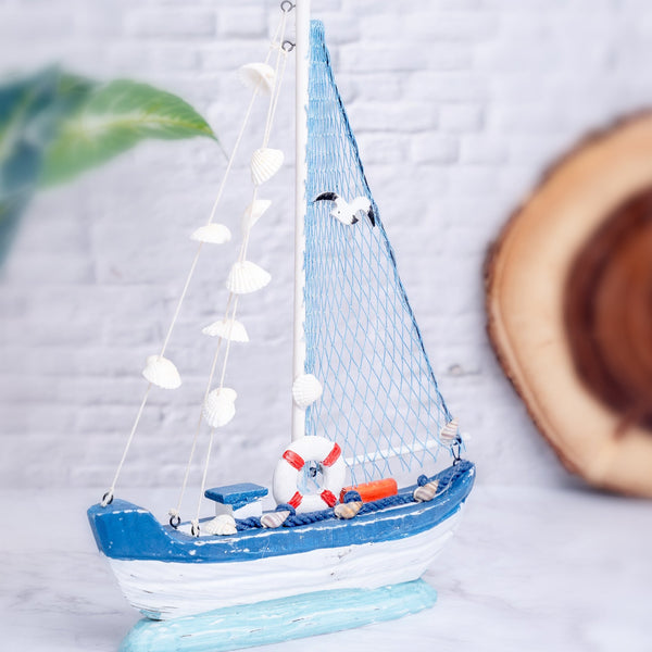 Handpainted Blue And White Wooden Sailboat, Rustic Nautical Table Decor, Vintage Ship Desk Sculpture by Accent Collection