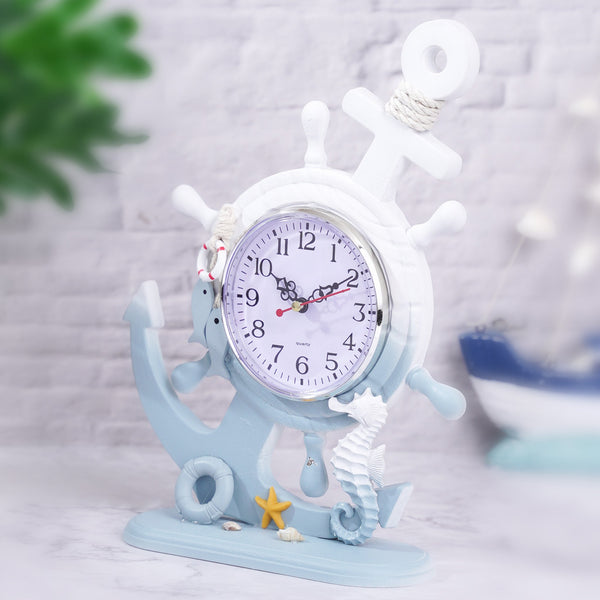 Blue And White Wooden Nautical Analog Clock With Boat Wheel And Anchor Design by Accent Collection