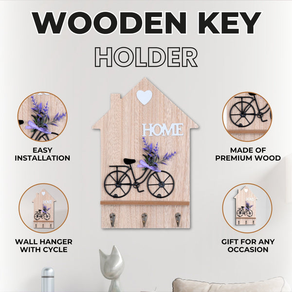 Brown Wooden Cycle Design Key Holder - Wall Mount with 3 Decorative Hooks for Keys and Jewelry, Farmhouse Entryway Organizer by Accent Collection