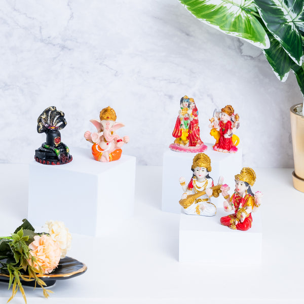 Multicolor Resin Mini Hindu God Figurines Set - Radha Krishna, Ganesha & More for Pooja Mandir Decor by Accent Collection