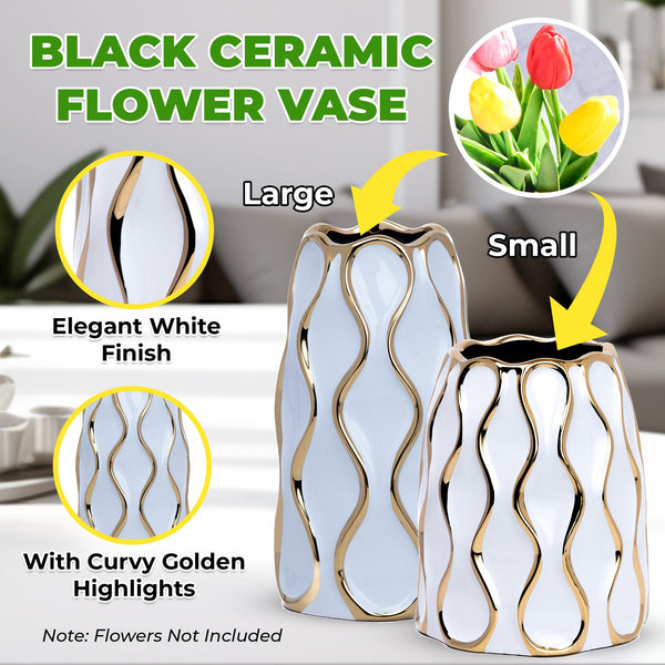 Elegant White Ceramic Flower Vase With Golden Trim - Perfect For Bouquets & Bohemian Decor, Ideal Centerpiece & Entryway Enhancer by Accent Collection
