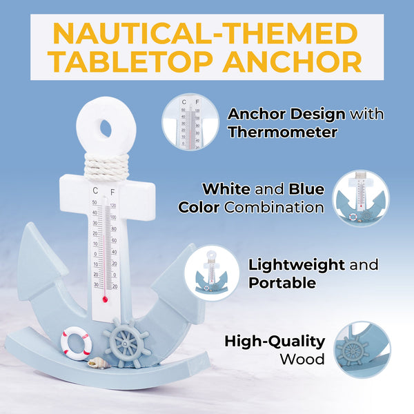 Blue And White Wooden Tabletop Anchor Thermometer For Nautical Themed Decor by Accent Collection