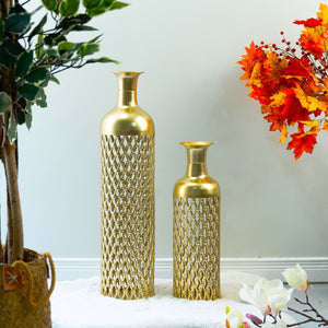 2 Pc Set of Metal Floor Vases, Mesh Design, Golden by Accent Collection