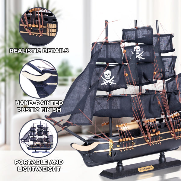 Black Wooden Pirate Ship Model With Realistic Cloth Sails - Nautical Coastal Decor For Home