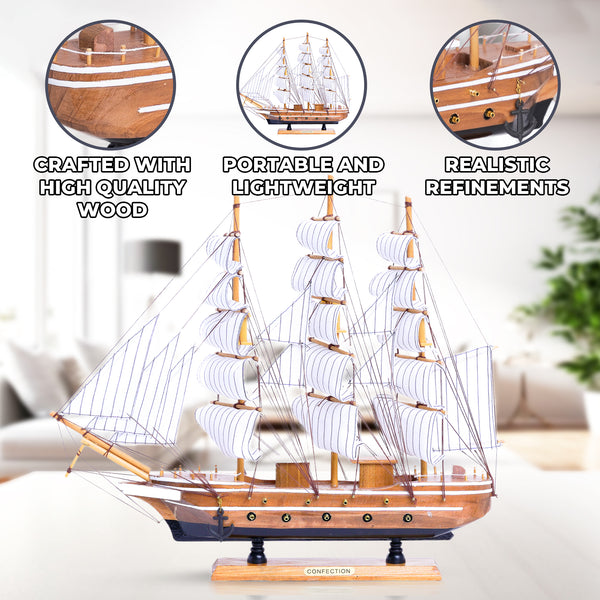 Brown And White Wooden Ship Model With Realistic Cloth Sails, Marine-Inspired Decoration For Nautical Charm