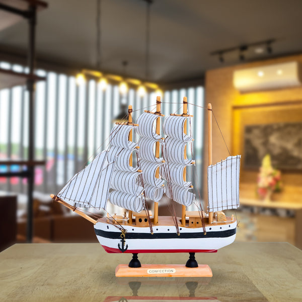 Blue Sail, White Waves Wooden Ship Model - Realistic Cloth Sails for Nautical Decor & Home Sailing Spirit