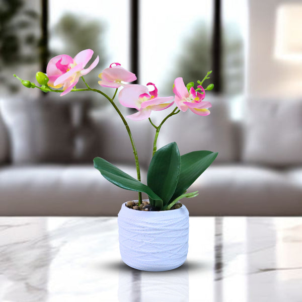 Lifelike Pink Orchid In White Planter - Polyresin & Fiberglass Potted Fake Plant For Desk, Shelf, And Home Decor