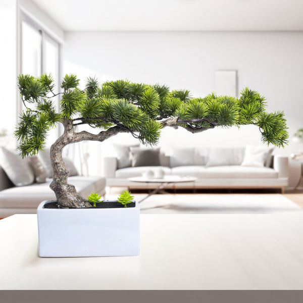 Green Faux Bonsai Pine Tree, Realistic Plastic Plant With White Ceramic Base For Home Decor