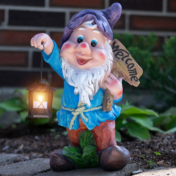 Large Garden Gnome, Candle Holder, Cute Yard Decor, Welcome Sign, Purple Hat