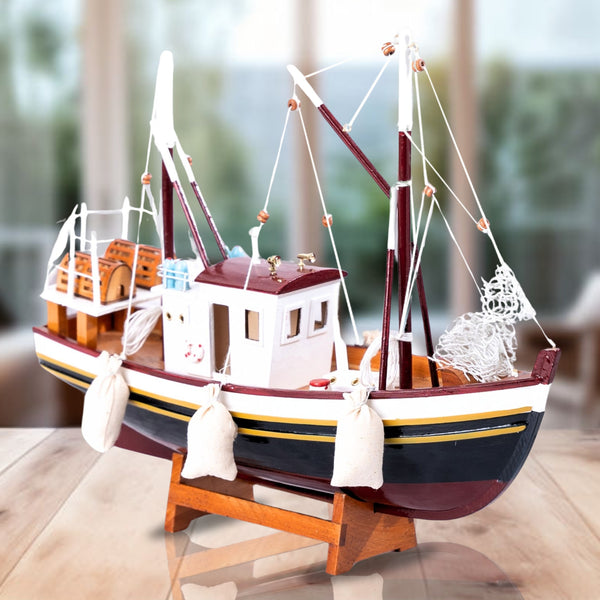 Brown Wood Sailboat Model With Cloth Side Bags - Vintage Nautical Desk Sculpture & Coastal Table Decor