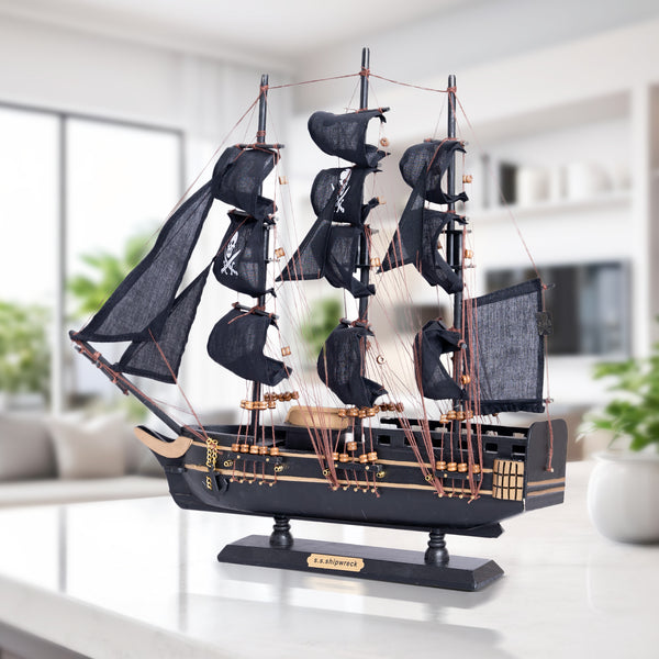 Black Wooden Pirate Ship Model With Realistic Cloth Sails - Nautical Coastal Decor For Home