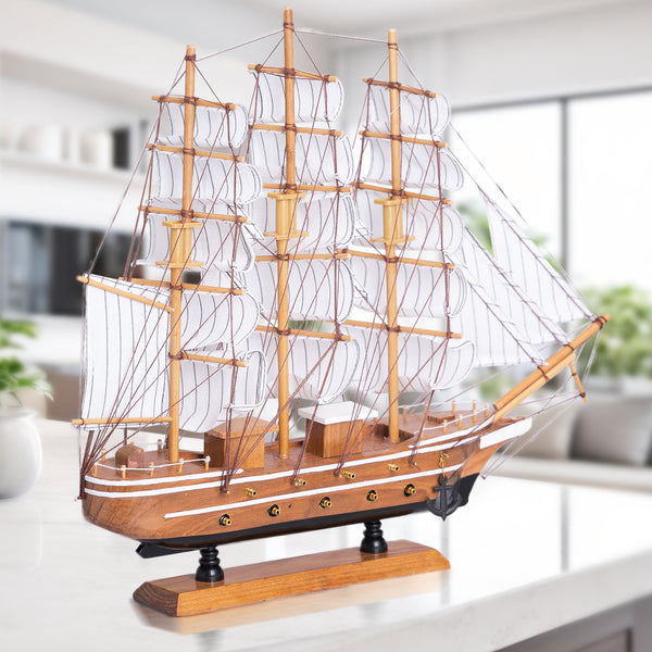 Brown And White Wooden Ship Model With Realistic Cloth Sails, Marine-Inspired Decoration For Nautical Charm