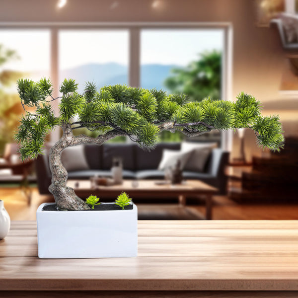 Green Faux Bonsai Pine Tree, Realistic Plastic Plant With White Ceramic Base For Home Decor