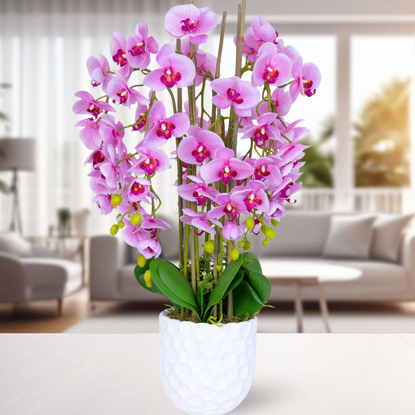 Elegant Large Pink Orchid, 80 cm - Faux Polyresin & Fiberglass Flower In White Planter, Perfect For Home & Office Decor