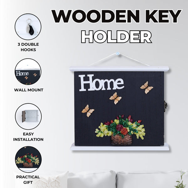 Rustic Wooden Wall Key Holder - Farmhouse 3D Engraved Home Design, Decorative Key Hooks Organizer for Entryway