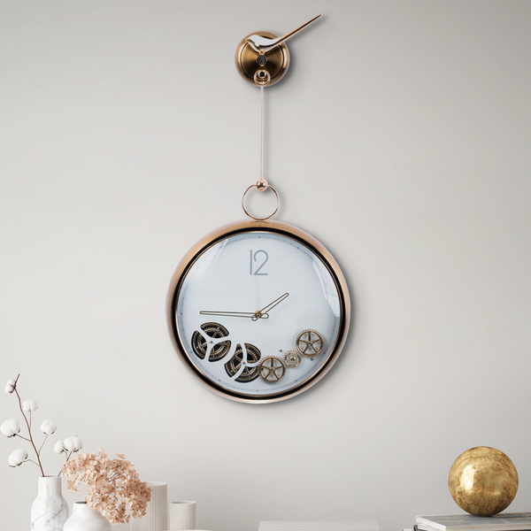 Elegant Brushed Gold Metal Wall Clock, Silent Moving Pendulum, White Dial, Unique Decor for Living Spaces by Accent Collection