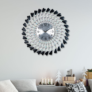 Large Luxury Black Metal Wall Clock With Silver Face & Crystal Hearts, 60cm Silent, Decorative For Living Room Or Office by Accent Collection