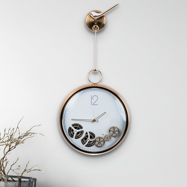 Elegant Brushed Gold Metal Wall Clock, Silent Moving Pendulum, White Dial, Unique Decor for Living Spaces by Accent Collection