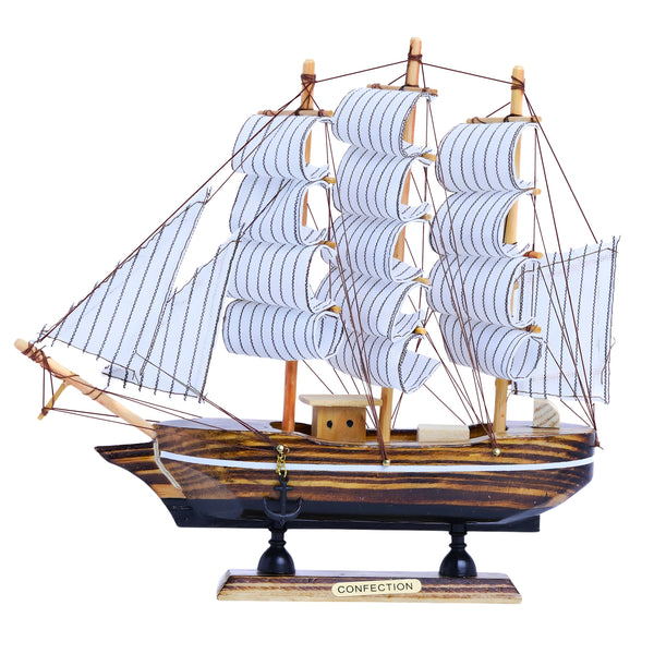 Brown Wooden Sailboat Model With Realistic Cloth Sails - Nautical Marine-Inspired Home Decor
