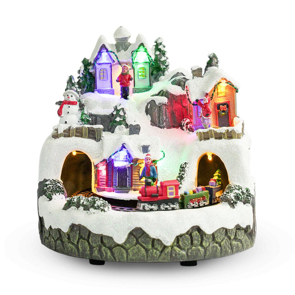 Illuminated Musical Christmas Village Set With Animated Carousel, Train Station & Figurines, LED Light-Up White Houses, Holiday Tabletop Decor by Accent Collection