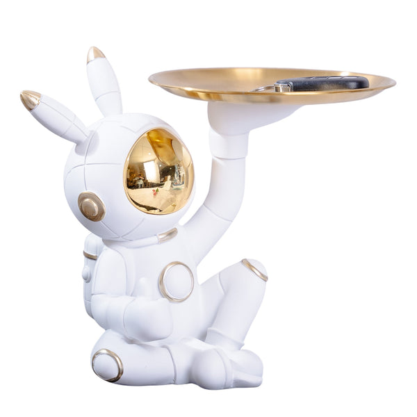 White & Gold Polyresin Astronaut Sculpture, Multi-Use Tray For Keys, Jewelry & Candy, Perfect For Nursery Decor & Office Desk