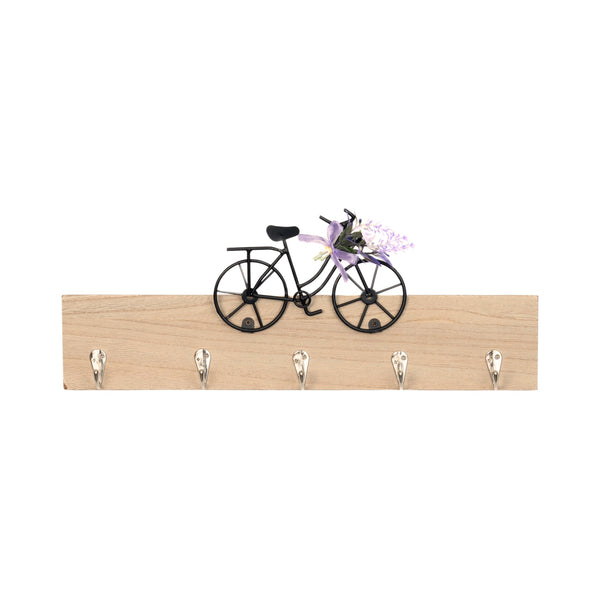 Wooden Brown Cycle Design Key Holder - 5 Hooks Wall Mount Organizer For Home & Entryway Decor