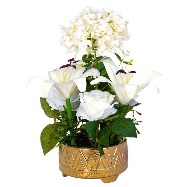 Elegant Golden Ceramic Planter With Realistic White Lilies & Roses - Perfect For Tabletop & Shelf Decor by Accent Collection