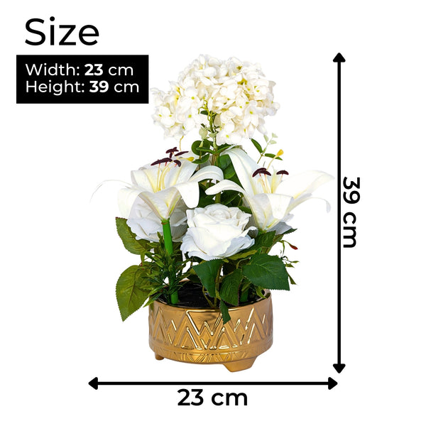 Elegant Golden Ceramic Planter With Realistic White Lilies & Roses - Perfect For Tabletop & Shelf Decor by Accent Collection