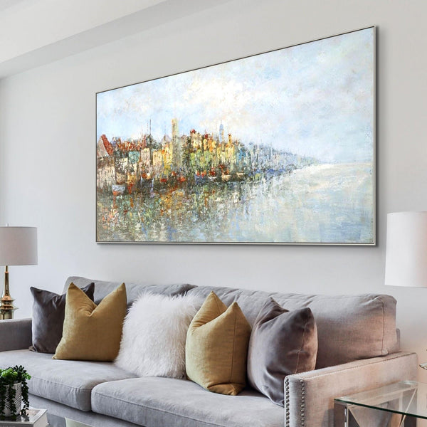 Lake Painting Cityscape Canvas Art, Abstract City Landscape on Framed Canvas, Contemporary Wall Art, Unique Housewarming Gift by Accent Collection
