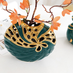 Green Flower Pattern Round Vase, Bud Vase, Golden Highlights by Accent Collection