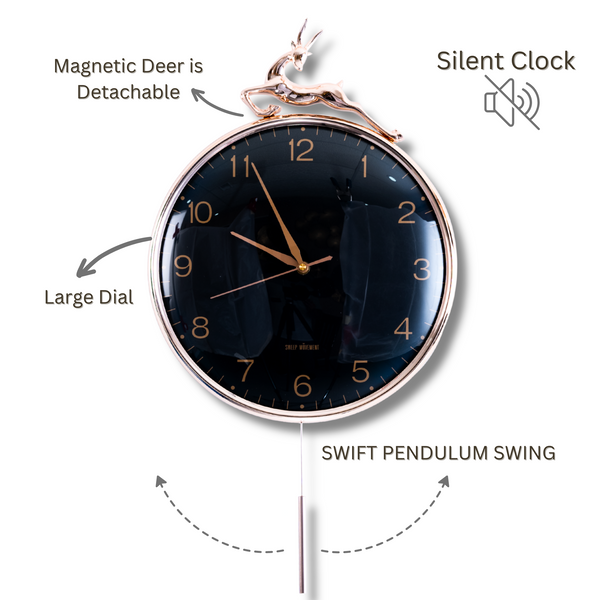 Large pendulum clock with black dial, sleek pendulum, 60 cm high, black face wall clock, detachable deer