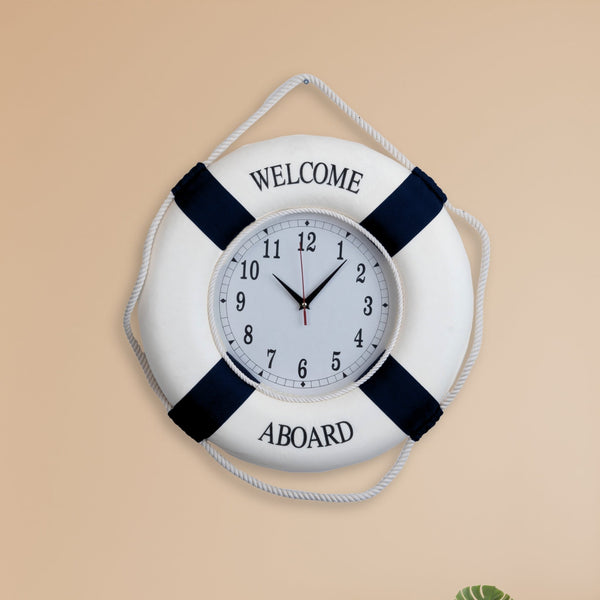 Nautical Clock Lifebuoy Marine Ring, 45cm Wall Clock, Wall Decor, Nautical Decor, Cool Color Palette, Best Gift, Decorative Clock for Home, Office, Living Room, or Bedroom, With Welcome Aboard Sign