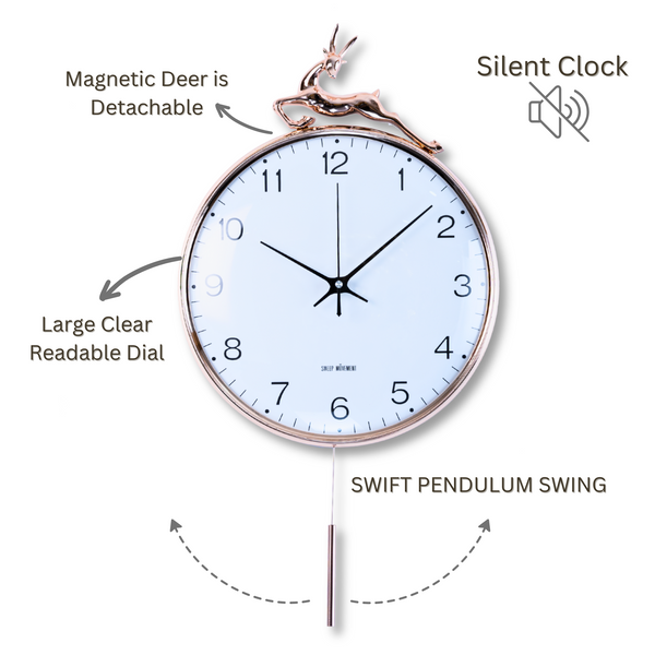 Large pendulum clock with white dial, sleek pendulum, 60 cm high, white face wall clock, detachable deer