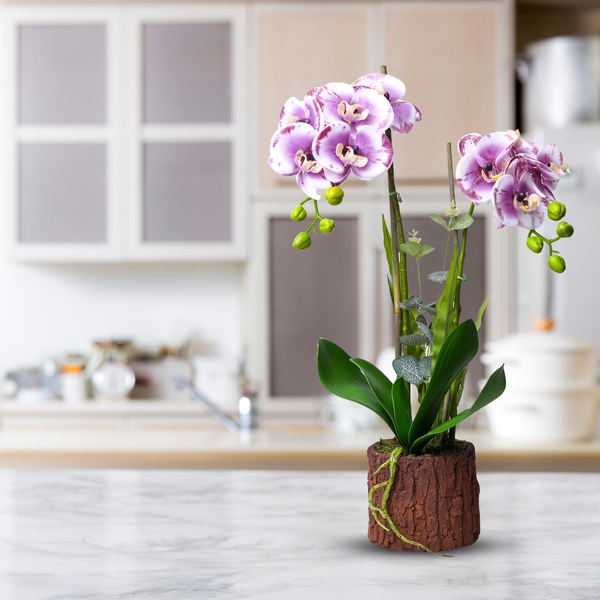 Faux Orchid Plant, Velvet Touch, With Rustic Wooden Log Like Planter, Indoor Fake Plant