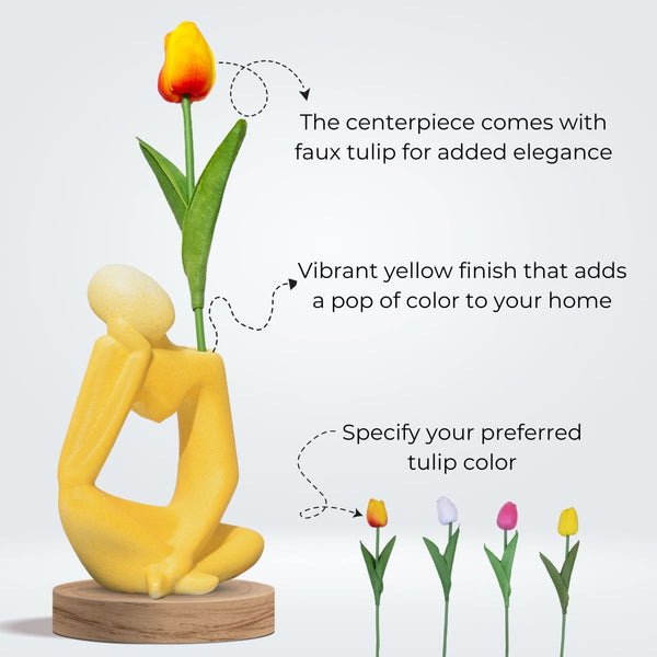 Abstract thinking statue with faux tulip, Yellow Desk Decor by Accent Collection Home Decor