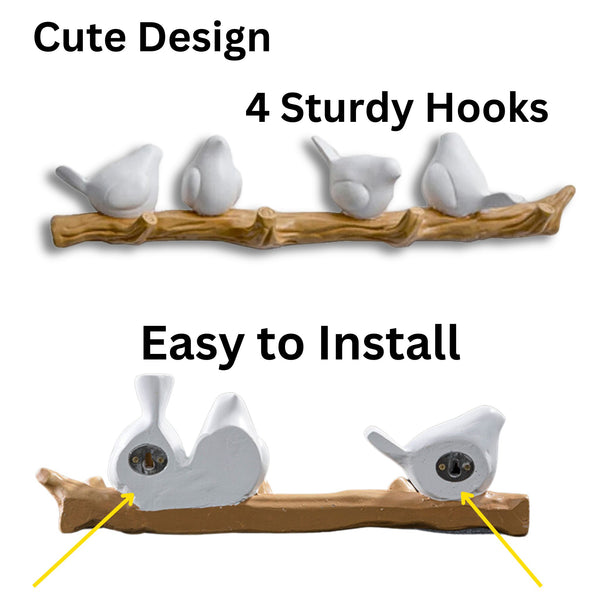 Wall hanger, white birds, 4 hooks, decorative, housewarming gift