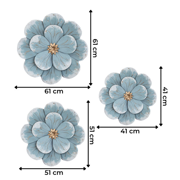 3 Piece Rustic Metal Flowers Wall Decoration Blue