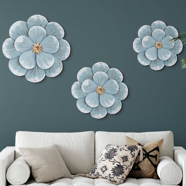 Boho Chic Blue & White Metal Flower Trio - Rustic Western Wall Art For Bedroom Elegance by Accent Collection