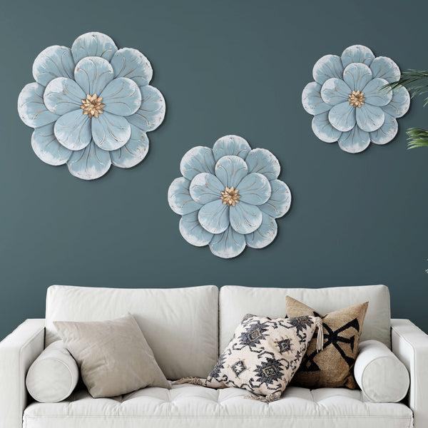 Boho Chic Blue & White Metal Flower Trio - Rustic Western Wall Art For Bedroom Elegance by Accent Collection