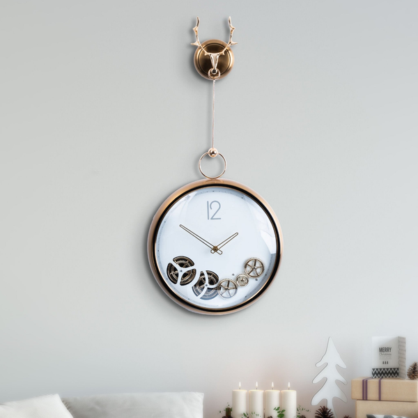 Luxury metal wall clock with moving pendulum gears, modern gold hanging large wall clock, white dial