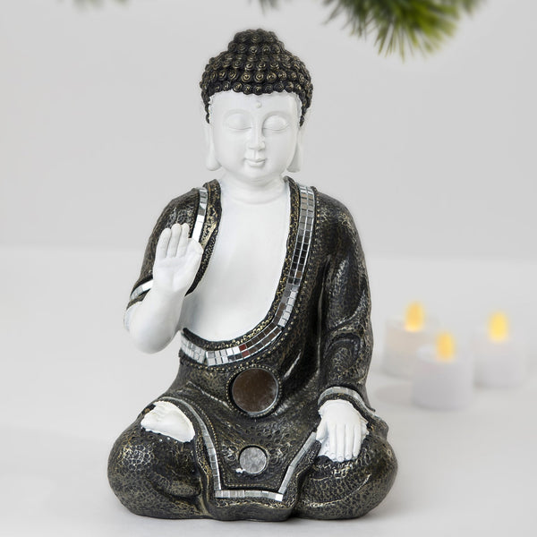 Buddha Statue in White and Antique Silver, Zen Mode by Accent Collection Home Decor