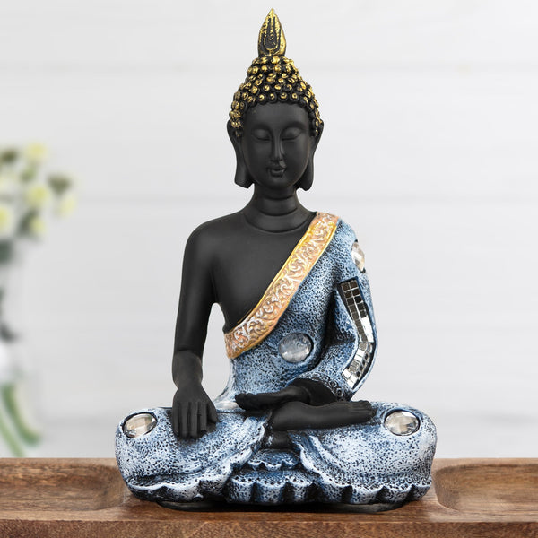 Buddha Statue in Black, Blue and Golden, Meditative Pose by Accent Collection Home Decor