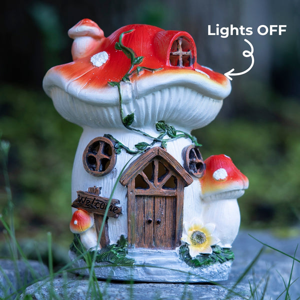 Enchanted Red & White Resin Mushroom House Solar Light, Whimsical Outdoor Garden Decor & Fairy Statue by Accent Collection