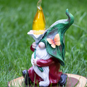 Green And Red Resin Gnome With Solar LED Torch Flame - Garden Figurine For Outdoor Delight by Accent Collection